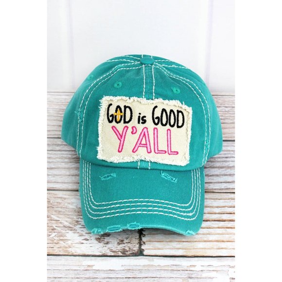 Accessories - DISTRESSED TURQUOISE 'GOD IS GOOD Y'ALL' CAP Brand New